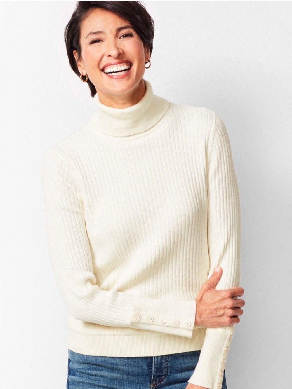 Talbots Ribbed Button-Cuff Turtleneck Sweater - Cream